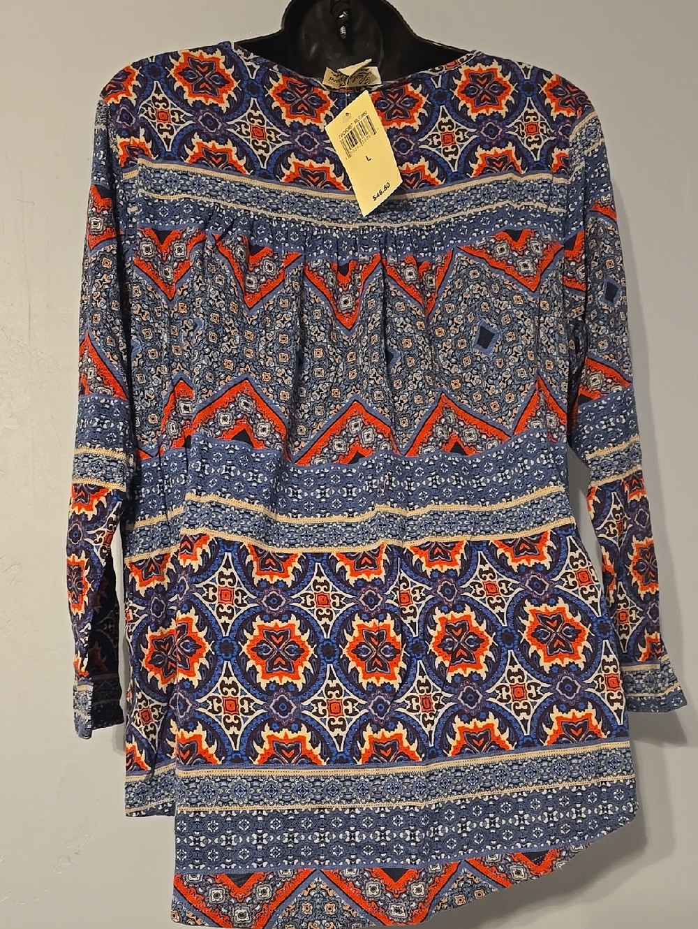 Lucky Brand Blue Orange Paisley Boho Peasant Blouse Tie Neck 3/4 Sleeve - Picture 3 of 10